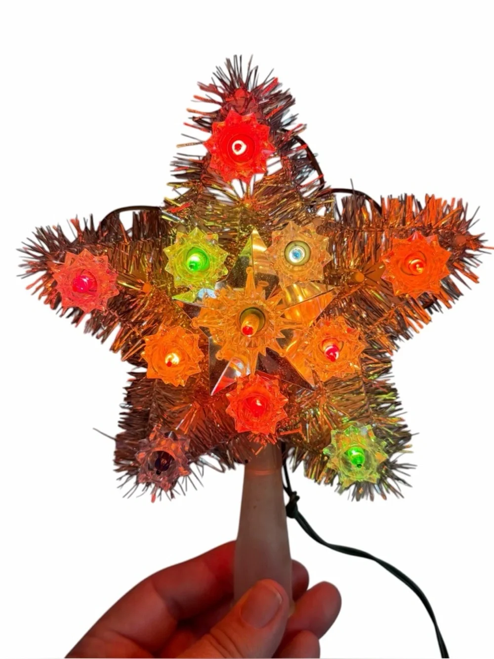 VTG MCM Silver Tinsel Blinking Light Star Tree Topper Multicolor Lights Works!